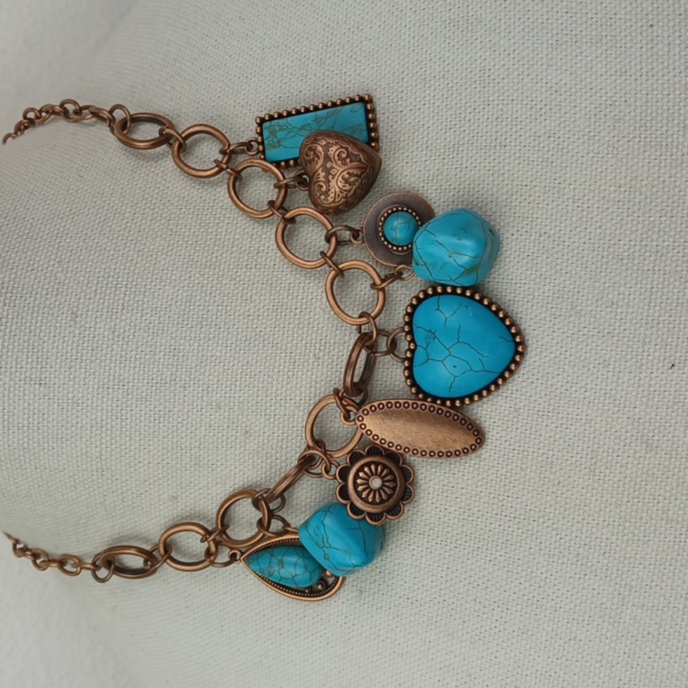 Turquoise and Copper Heart Multi-Charm Glass Stone Metal Necklace Choker